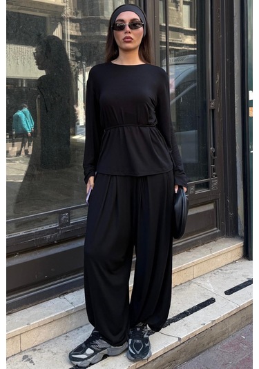 Madmext Siyah Likralı Modal Şalvar Takım Mg2784