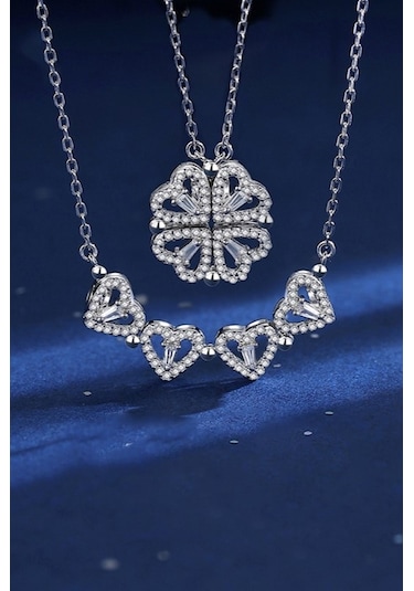 Yonca Ve Kalpli Kadın Çelik Kolye 2 Farklı Kullanım Şekli Eck46 001