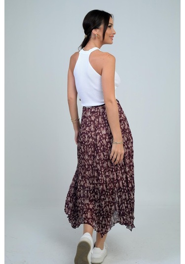 Kadın Beli Lastikli Astarlı Mini Çiçekli Midi Kraşlı Üçgen Etek-41697 Mürdüm