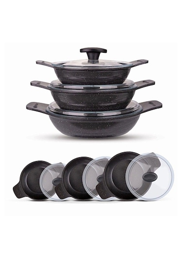 Thermoad Pyro Granit Döküm 3'lü Güveç Sahan Set - 6 Parça - Gri - 18 20 22 Cm Gri