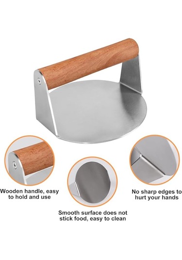 Yuvarlak Smash Burger Presi,16 Cm ,3 Mm 304 Paslanmaz Çelik Ahşap