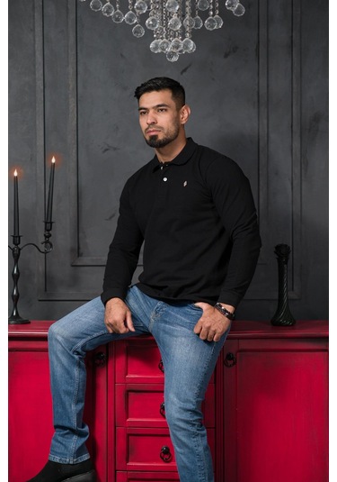 San&fa Regular Fit Polo Yaka Uzun Kol Pamuklu Baharlık Sweatshirt Siyah