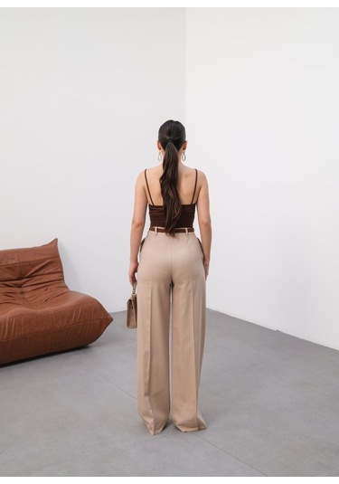 Keten Kemerli Ve Dökümlü Palazzo Pantolon Kemer Dahi L Vizon