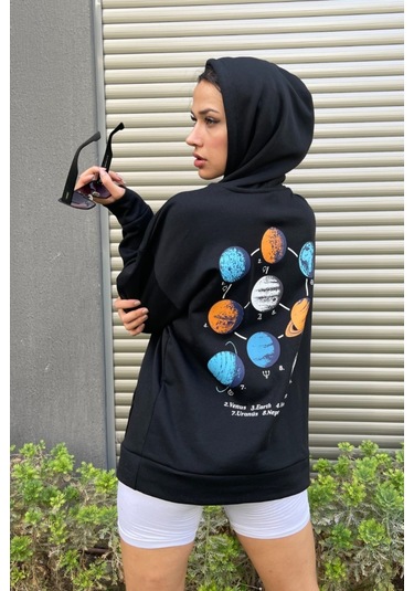 Modagen Kadın Oversize Siyah Sweatshirt Galaksi Baskılı Siyah