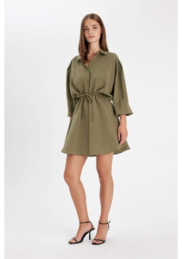 DeFacto Gömlek Yaka Beli Büzgülü Bağcıklı Basic Düz Modal Yarasa Kollu Mini Elbise C4472AX24AUKH21 DeFacto Gömlek Yaka Beli Büzgülü Bağcıklı Basic Düz Modal Yarasa Kollu Mini Elbise C4472AX24AUKH21