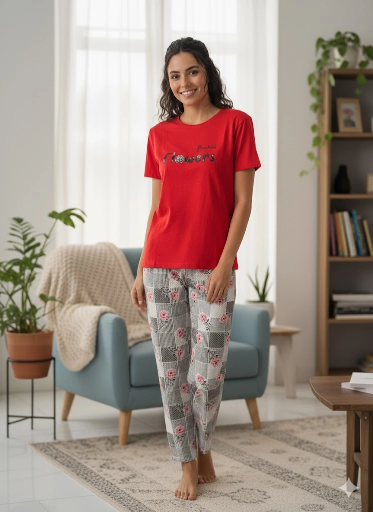 Kadın Kırmızı Pijama Takım Turuncu