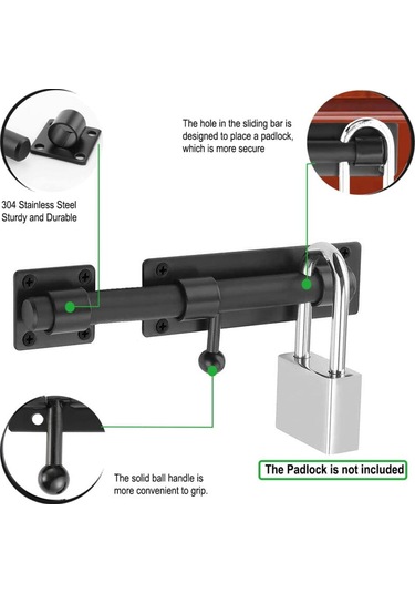 İnç Asma Kilit Deliklerine Sahip Sağlam Sürgülü Kapı Kilidi, 160 Mm Mat Siyah Paslanmaz Çelik, 14 Mm Çapında Sürgülü Silindirli Kapı Kilidi