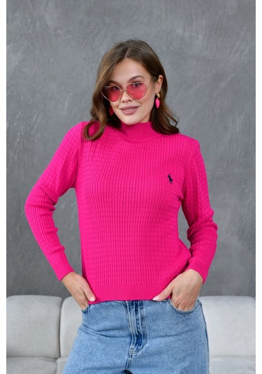 Kadın Dik Yaka Saç Örgü Nakış Detaylı Triko Kazak Fuşya