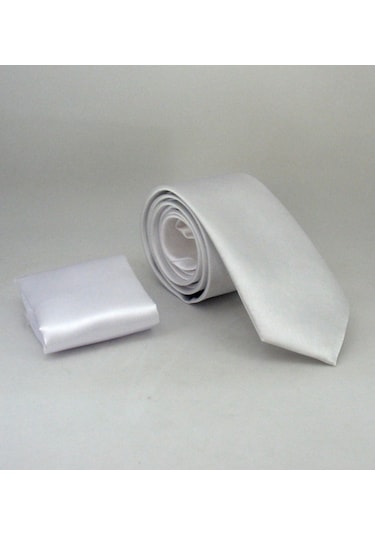 Beyaz Slim Fit Düz Renk Mendilli Saten Kravat - SS-12 Beyaz