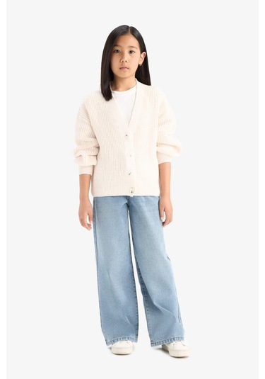 Defacto Kız Çocuk V Yaka Düğmeli Triko Hırka A2298a825auer105 Ekru