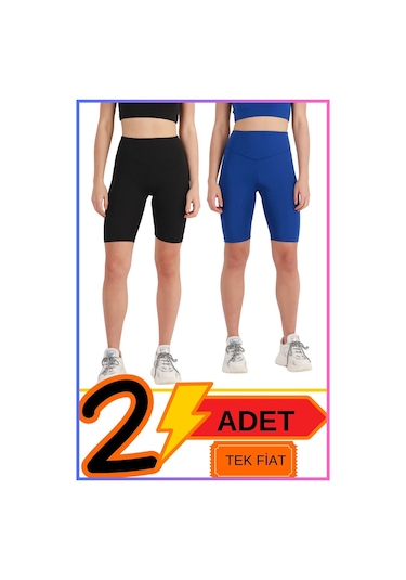 Kadın Yüksek Bel Toparlayıcı Şort Tayt Siyah & Mavi 2'li Paket Lycralı Biker Shorts 21070 Siyah - Mavi