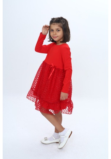 Toontoy Kız Çocuk Fırfırlı Tüllü Elbise Kırmızı