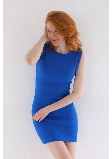 Kallima Saks Mavi Kolsuz Diz Üstü Mini Fitilli Esnek Kalem Elbise