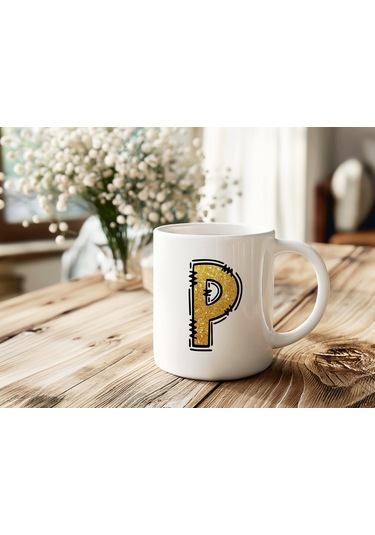 P Harfi Gold Simli Kupa Işıltılı Alfabe Harf Tasarımlı Kahve Kupası - Kişiye Özel Hediye Beyaz