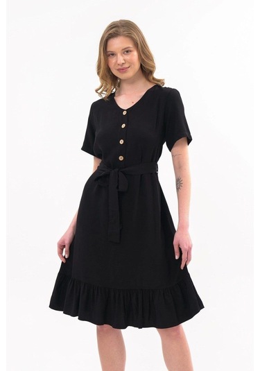 Apsen Kadın Siyah Renk Önden Düğme Detaylı Yazlık Midi Elbise 4437-105 Siyah