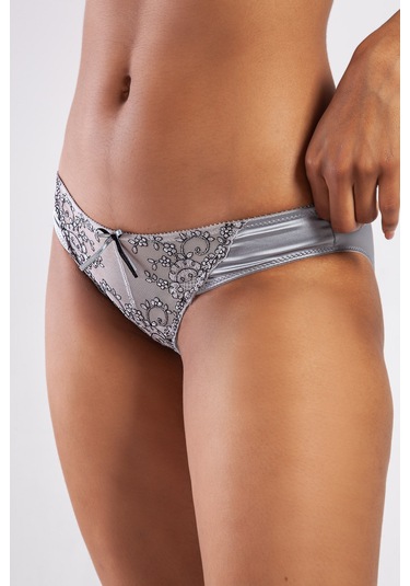 Golshan Giselle Mini Slip, Kadın Güpürlü Saten Gri Külot Çok Renkli