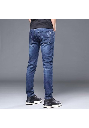 Kot Erkek Yaz Streç Tüm Eşleşen Dar Kesim Pantolon İş Rahat Tüm Maç Uzun Pantolon Dar Kesim Düz Bacak Pantolon Erkek Mavi