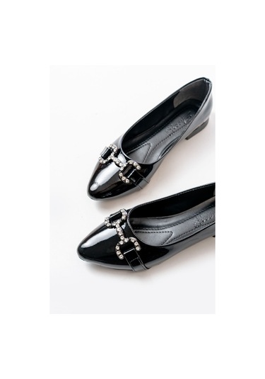 Aska Shoes İnf-133 Taşlı Tokalı Günlük Kadın Babet Siyah Rugan