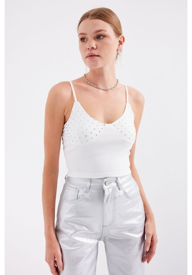 Bigdart 918 İp Askılı Crop Top - Beyaz 001