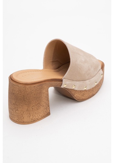 Pull Bej Süet Hakiki Deri Kadın Platform Topuklu Terlik Bej