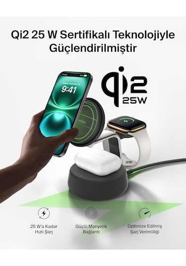 Belkin Ultracharge Pro Magsafe Uyumlu 3 Ü 1 Arada Qi2 25w Kablosu
