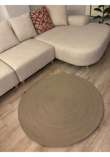 Taş Rengi Jüt Yuvarlak Hasır Görünümlü Klasik Halı Kilim Taş