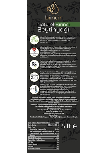 Biincir Soğuk Sıkım Natürel Birinci Zeytinyağı 5 L