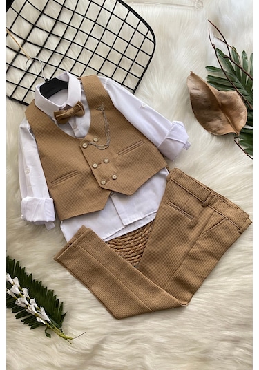 Matrix Yelekli Zincirli Erkek Çocuk Takım Elbise Camel