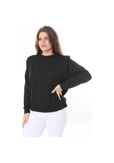 Kadın Büyük Beden Siyah Omuz Detaylı Ön Baskılı Sweatshirt 65n38050-siyah Siyah