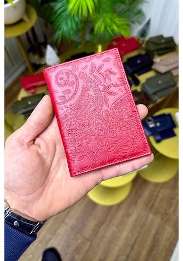 Premium Deri Ruhsat Kılıfı Ve Anahtarlık Seti Kırmızı Motifli