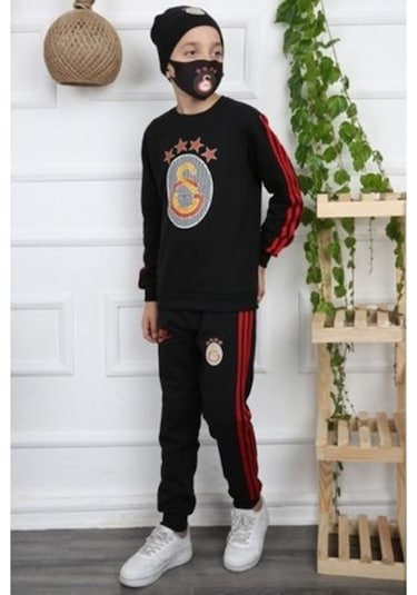 2-14 Yaş Arası Alt Üst Maske Şapkalı Takım Siyah - Kırmızı - Sarı