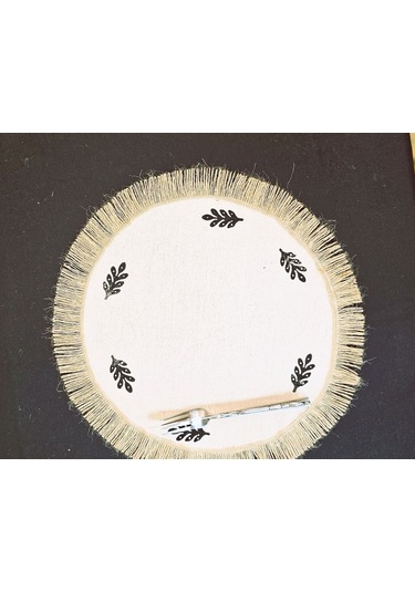 %100 Pamuklu Ham Keten Hasır Püsküllü Minik Desen Taş Baskı 6' Lı Amerikan Servisi Supla Yuvarlak 40cm Naturel