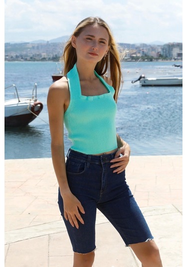 Boyun Geçirmeli Triko Büstiyer Yeşil - P-019915 Çok Renkli