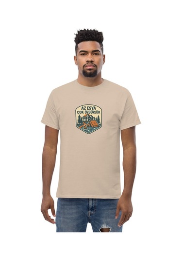 Wildstyle Az Eşya Çok Özgürlük Renkli Kamp Doğa Minimalist Baskılı Unisex Bisiklet Yaka Pamuklu Tişört Camel