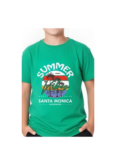 Summer Baskılı Erkek Çocuk Yuvarlak Yaka Kısa Kollu T-shirt Yeşil