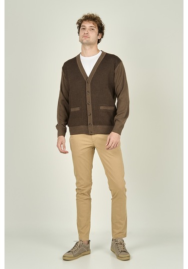 Ateş Triko Erkek Cep Detaylı V Yaka Yün Hırka 4490 Vizon Vizon