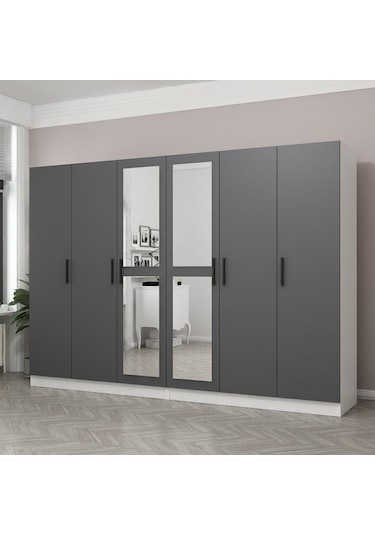 Minar Kale 6 Kapaklı 2 Aynalı 4 Çekmeceli Dolap Beyaz Antrasit 210cm Çok Renkli