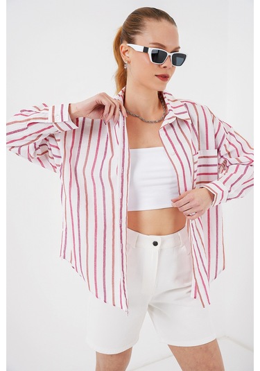 Kadın Çizgili Oversize Gömlek 20278 - Kırmızı Kırmızı