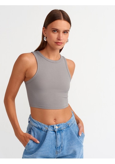 Dilvin Dikiş Efektli Crop Top Gri