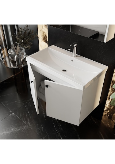 Karen Banyo Mimoza 60 Cm Lavabolu,aynalı Banyo Dolabı Seti,komple Mdf Seramik Lavabo Dahil,mdf Beyaz