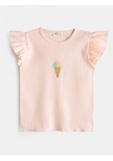 Aysbebe Kız Çocuk Dondurma Nakışlı Şortlu Kaşkorse Takım Kısa Kollu Somon MTC1002S