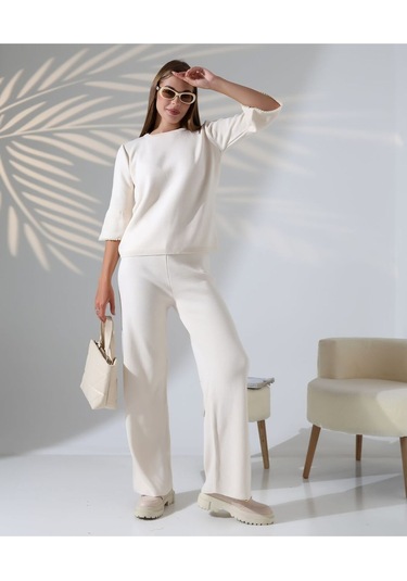 İnci Volanlı Kol Detaylı Triko Takım Taş