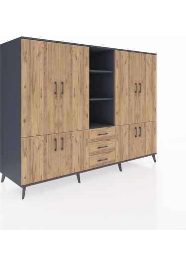 Kronos Dolap 11 Raflı 3 Çekmeceli 8 Kapaklı 220x59x163 Antrasit-ç Antrasit-çam