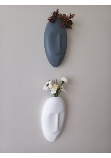 Dekoratif 2'li Yüz Duvar Vazosu, Duvar Süsü ,heykel Aksesuar Beyaz Gri