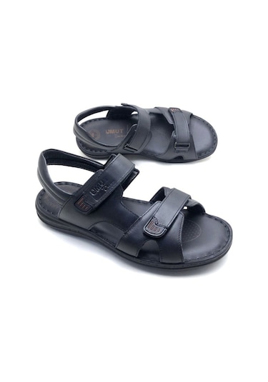 Erkek Hakiki Deri Ortopedik Sandalet Siyah