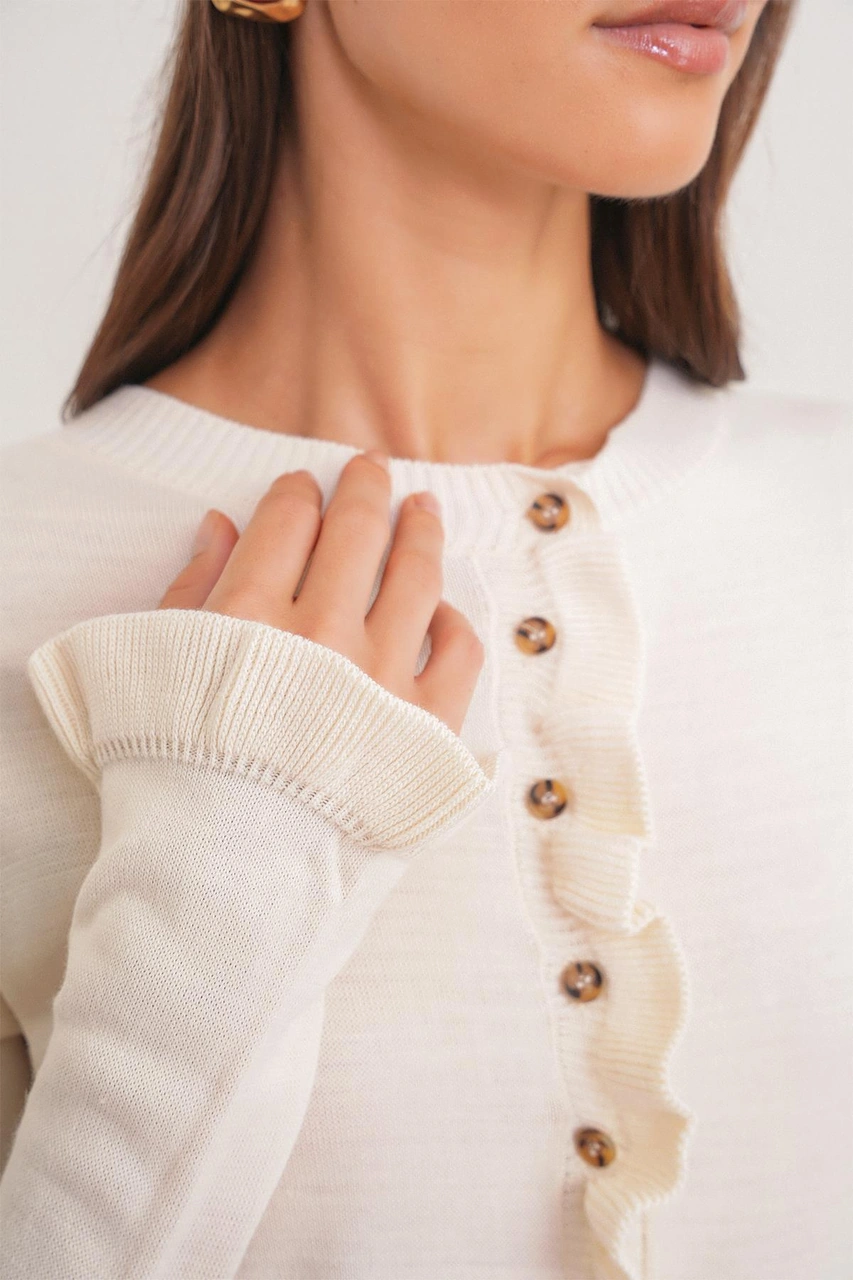 6964 Kadın Düz Fırfırlı Düğmeli Hırka Naturel Naturel