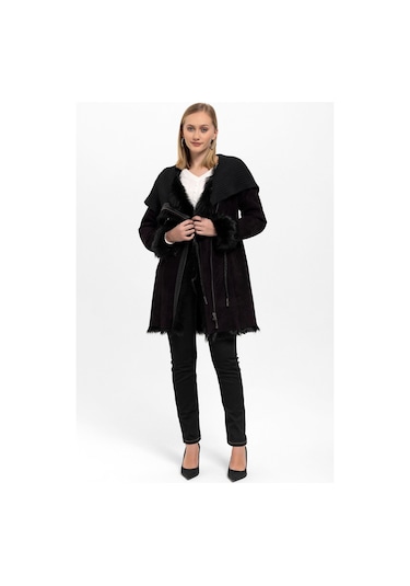 Mürdüm Seline Triko Kapüonlu Hakiki Deri Kürk Kaban-mürdüm Mürdüm