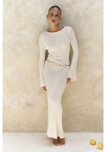 Matias Sırt Dekolteli Ekru Triko Uzun Elbise Ekru