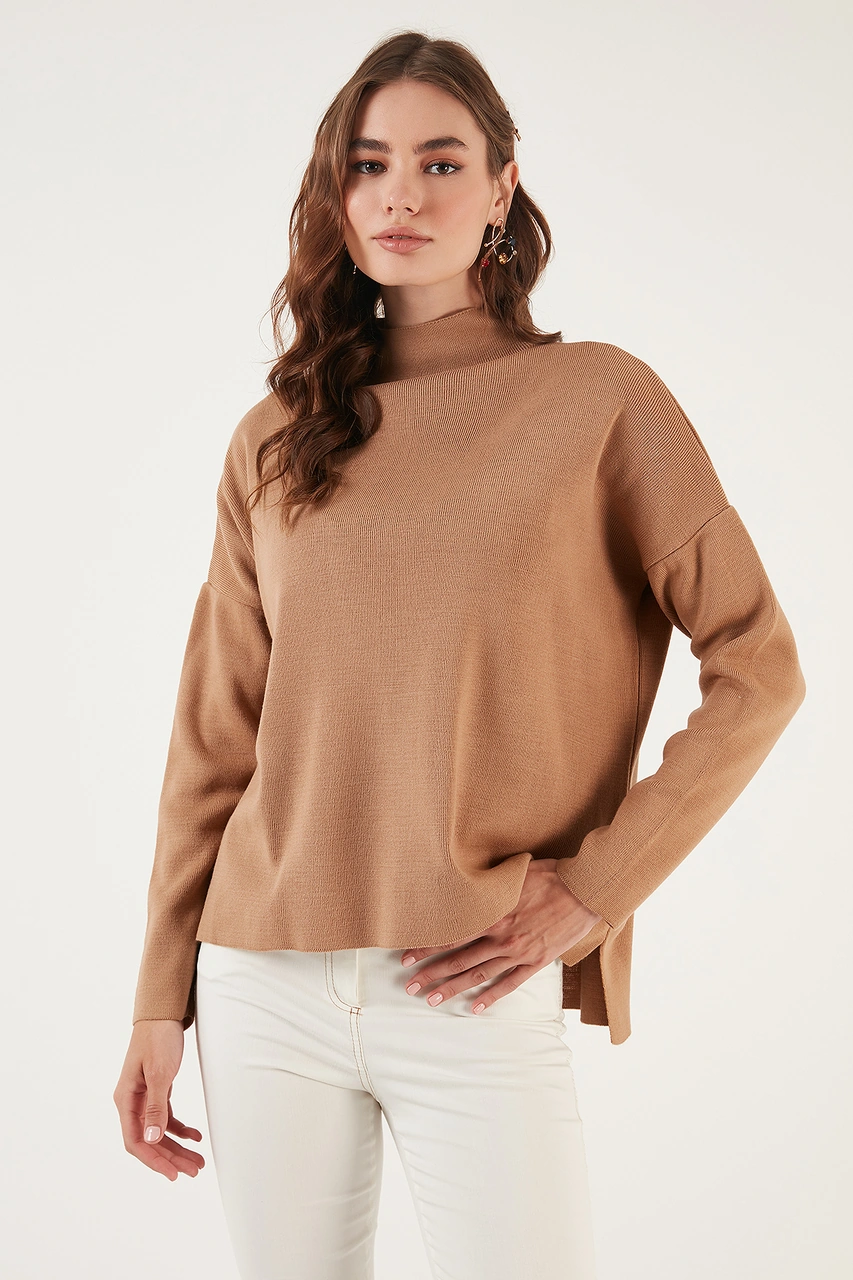 Lela Pamuklu Arkası Uzun Dik Yaka 2'Li Paket Triko Bayan Kazak 4615002S2 Mürekkep-Camel