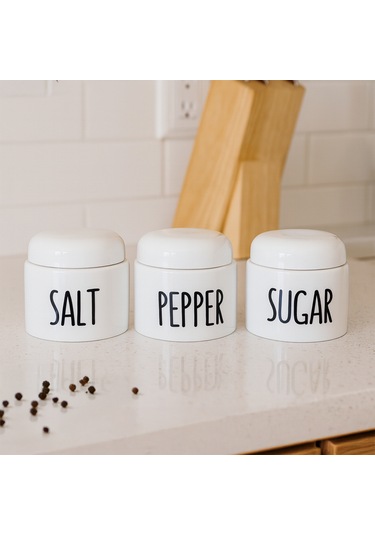 Porsima 18128 3'lü Porselen Ergonomik Baharatlık Seti Yuvarlak Formlu Baharat Takımı Beyaz Beyaz